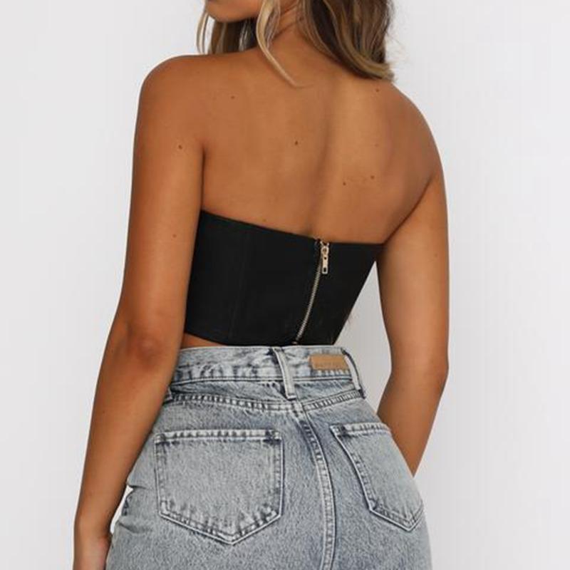Pu Leather Bustier Corset Sexy Backless Zipper Off Shoulder Tube Crop Top Strapless Camis Slim Fit Bodycon Vest Push Up Clubwear Women's Tan
