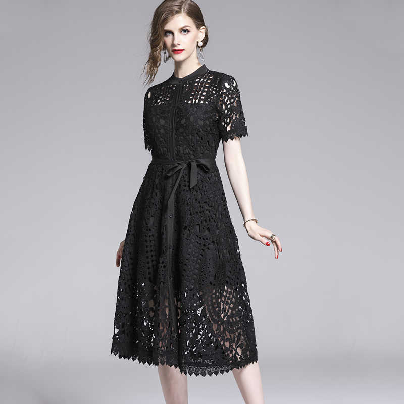 LY VAREY LIN Elegant Party Dress Lace Hollow Out Stand Collar Short Sleeve Single Breasted Black High Waist Mid-calf 210526