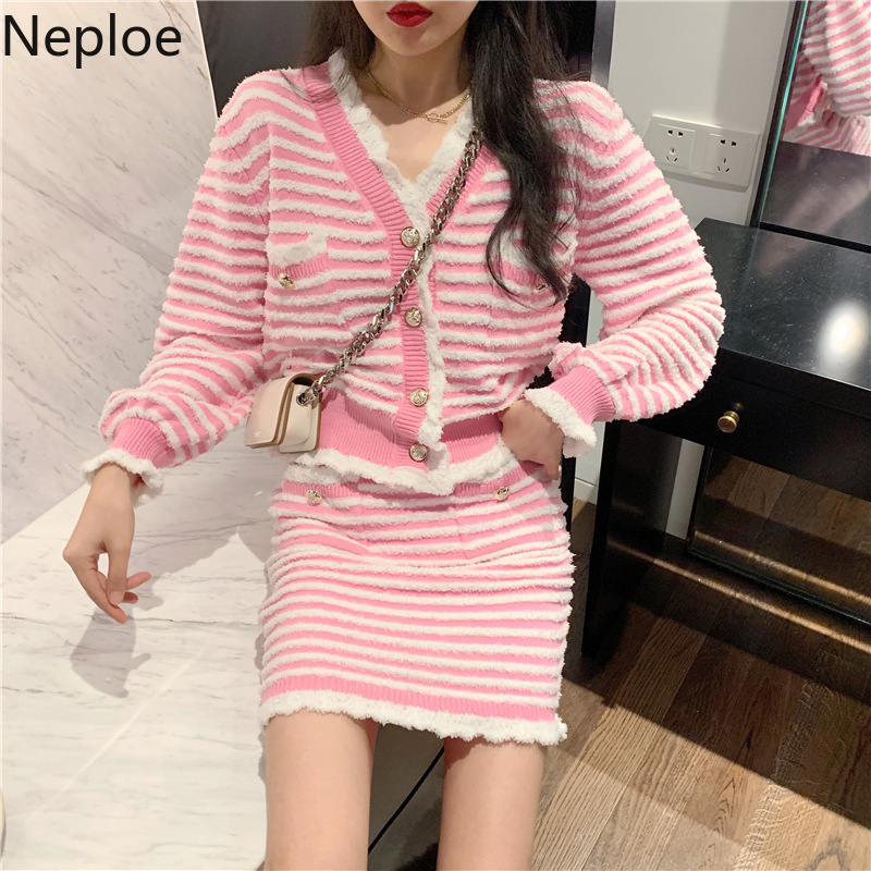 Neploe Two Piece Outfits for Women Knit Sweater Skirt Korean Striped Fashion Suit Fall Clothes Female Roupas 2 Piece Set 210422