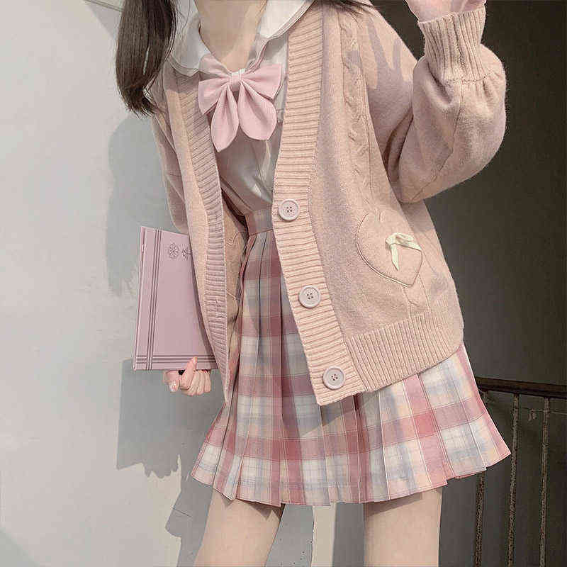 Anbenser Spring Japan Kawaii Fashion Pink Cardigan Women Vintage Crop Knitted Sweater Cute Bow Heart Korean JK School Coat 211117