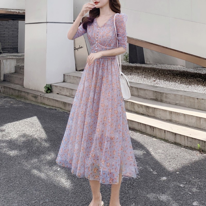 Korean Spring Elegant Flowers Print V-Neck Maxi Dress Vestidos Retro Sexy High Waist Slim Chiffon Robe Femme 210519