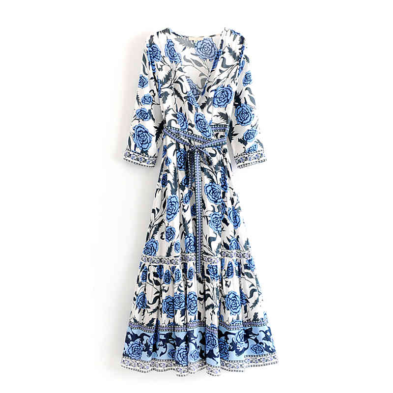 beauty Boho Vintage Floral Printed Maxi Dress Women Holiday Chic Sashes Beach Wrap Long Dresses Vestidos De Verano 210514