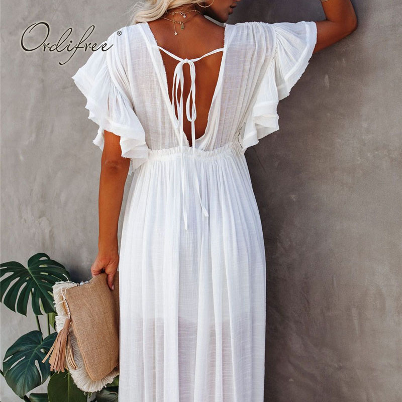 Women White Maxi Backless Deep V Neck Ruffle Single Breasted Belted Sexy Summer Long Vacation Beach Dress 210415
