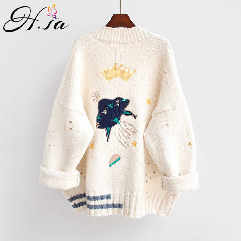 HSA Autumn Winter Women Sweater Cardigans Cartoon Embroidery Cardigans Poncho Single Breasted Knit Sweater Harajuku Out Top 210716