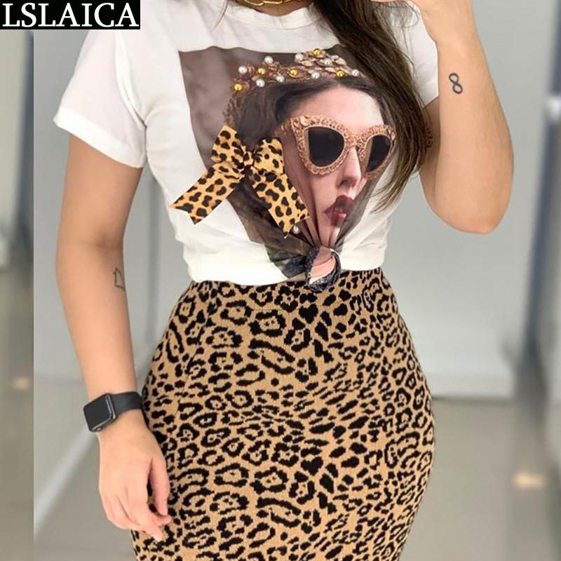 Two Peice Set For Women Casual O-Neck T Shirt& Skirt Fashion Leopard Print Office Elegance Skinny Ropa Femenina 210520
