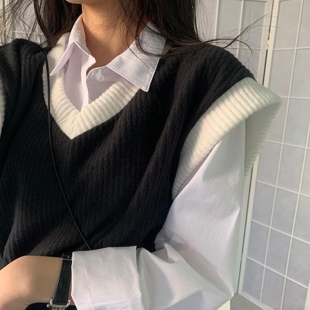 student tide stitching Korean style spring and autumn hit color wild V-neck vest sweater top women 210427