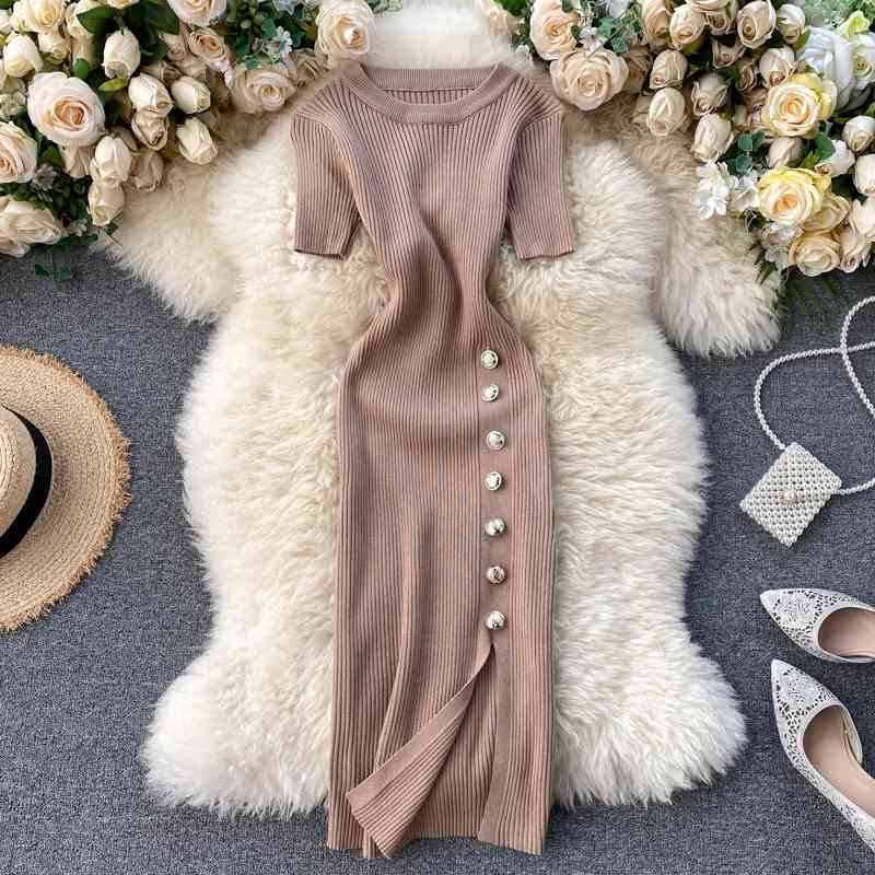 Women Golden Buttons Bodycon Dress Ladies Elegant Office Wear Dresses Spring Summer Short Sleeve Knitted Long Robe Vestidos 210602
Women Golden Buttons Bodycon Dress Ladies Elegant Office Wear Dresses Spring Summer Short Sleeve Knitted Long Robe Vestidos 210602