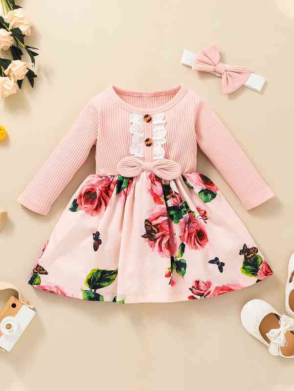Baby Floral Schiffy Trim Bow Front Dress With Headband SHE