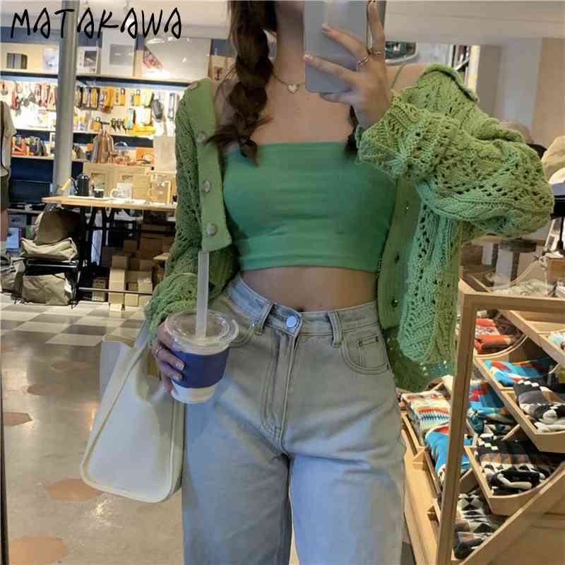 MATAKAWA 2 Piece Set Women Green Hollow Out Knitted Cardigan Spring Cropped Camisole Short Tops Long Sleeve Camis Ribbed Suit 210513