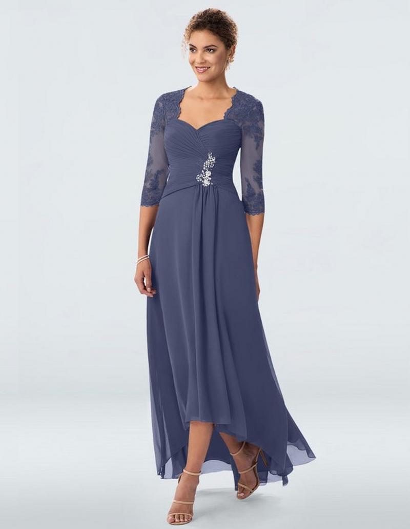 Custom Made Plus Size Chiffon Mother of the Bride Groom Dresses Wedding Party Gowns Lace Hi Lo 3/4 Long Sleeves Fashion Godmother