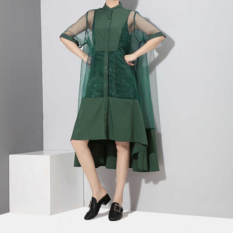 European and American Large Size Dress Summer Mesh Green Two-Piece Loose Long es 210615Z