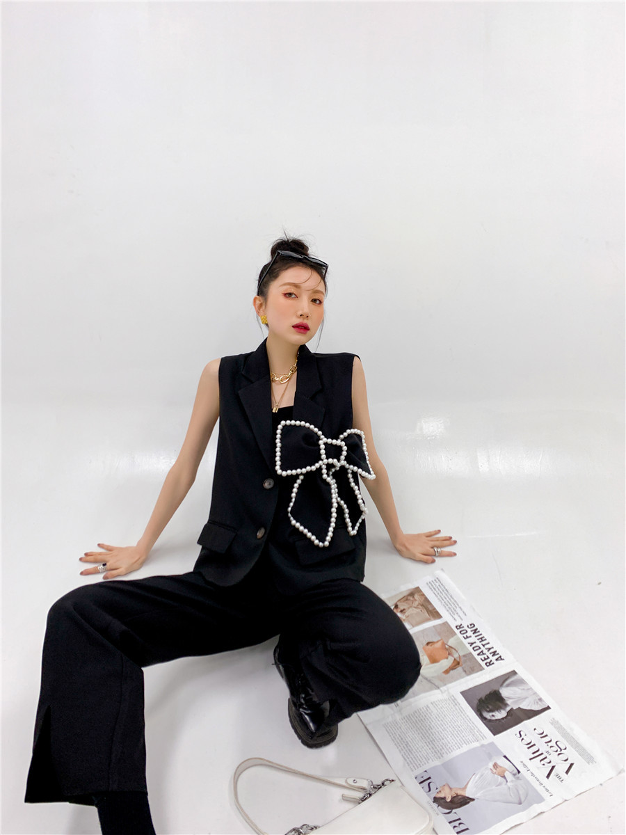 Korean Fashion Vest Sleeveless Jackets For Women Black Pearl Bow Blazer Button Up Waistcoat 210427