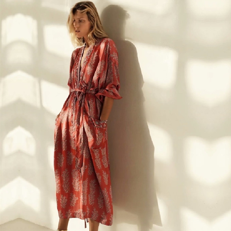 Boho Printed Bikini Cover-ups Cotton Tunic Long Kimono Cardigan Beach Dress Plus Size Women Wear Swim Suit Cover Up A492 210420