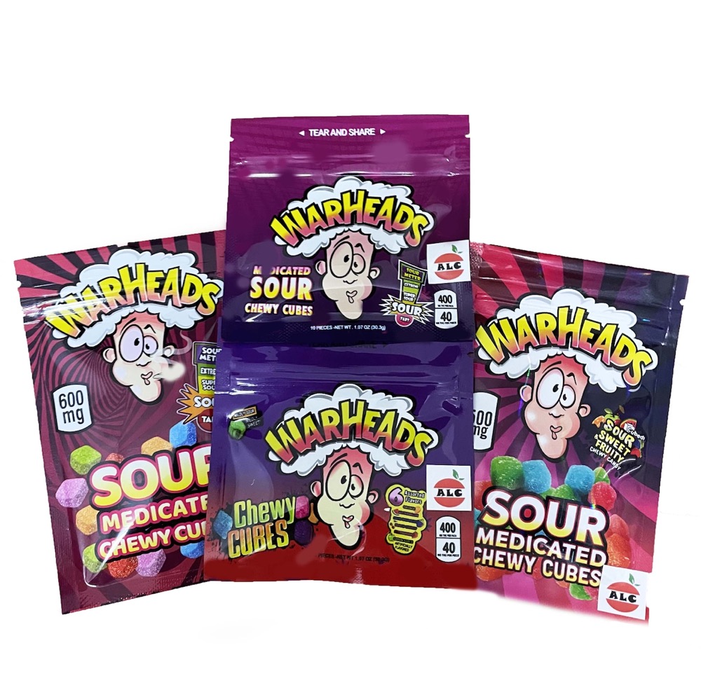 warheads medicated edible mylar packaging bags sour chewy cubes wowheads 3 side seal zipper smell proof
warheads medicated edible mylar packaging bags sour chewy cubes wowheads 3 side seal zipper smell proof