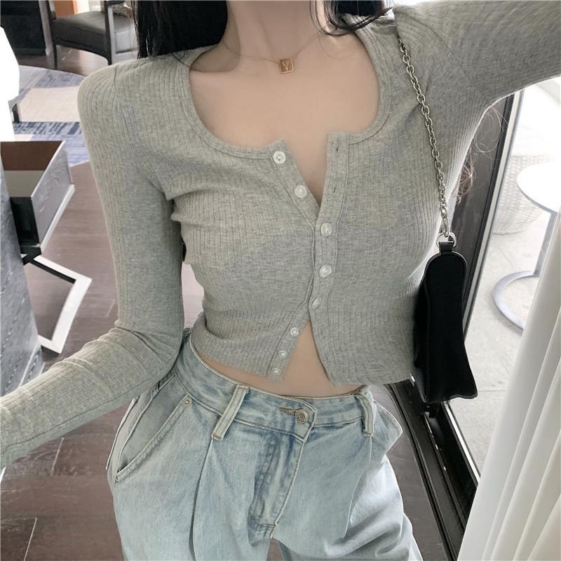 Lucyever Korean Style Short Knitted Sweaters Women Casual O-neck Elastic Cardigans Woman Solid Color Long Sleeve Crop Tops Mujer 210521wtt