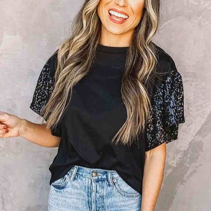 Vintage Sequin Sleeve T-shirt Women Top Patchwork Casual Summer O-Neck Harajuku Shirts Short-sleeve Tops Office Ladies T-shirts 210515