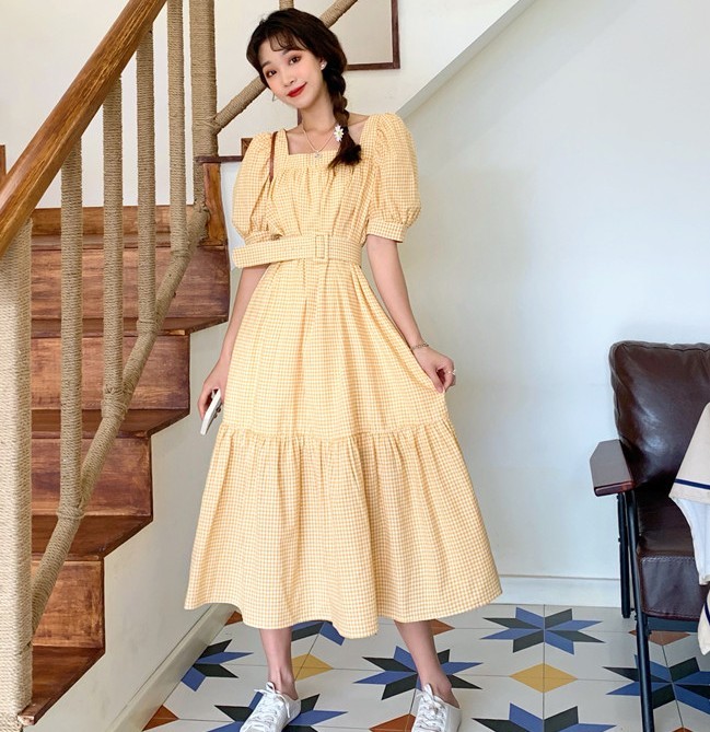 Fashion Vintage Dresses Woman Summer Puff Sleeve Cute Sweet Korea Elegant Square Collar Plaid Casual Party Dress 210518