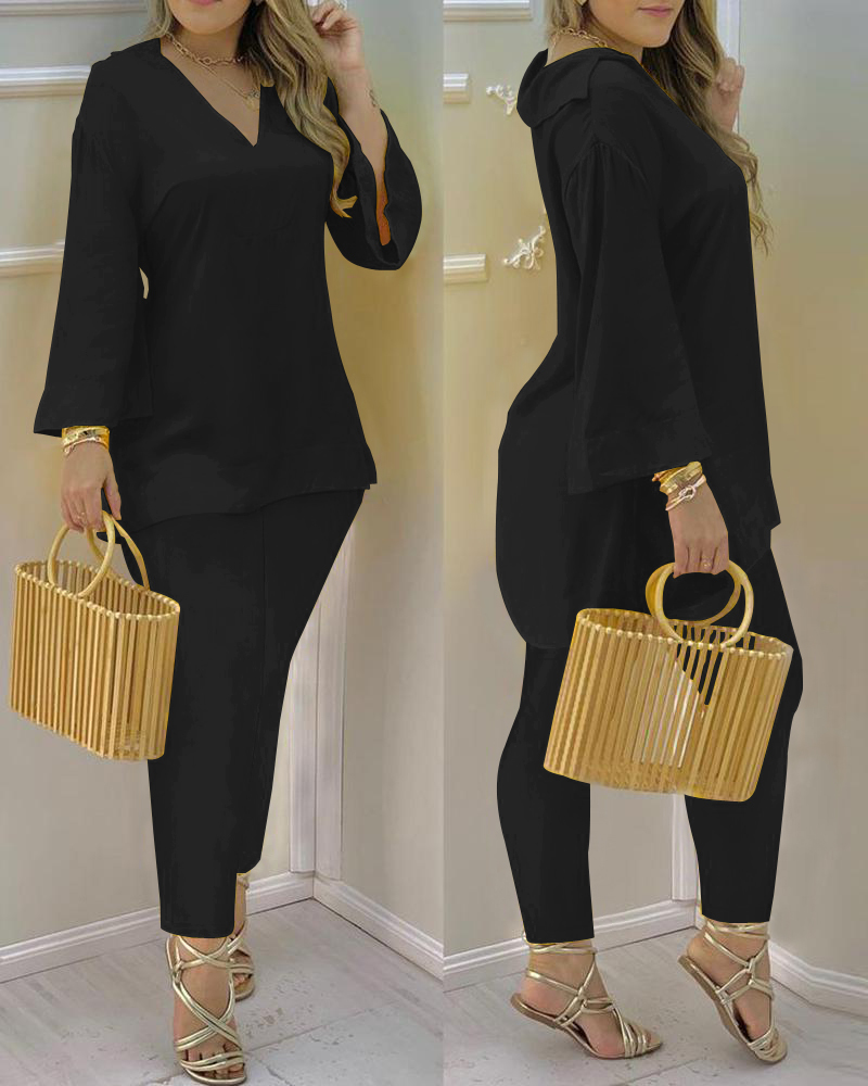 Spring Autumn Women 2Pcs Plain Bell Sleeve V-Neck Top & Pant Set Lady Casual Long Sleeve Solid Blouse & Trousers Suit Set 210415