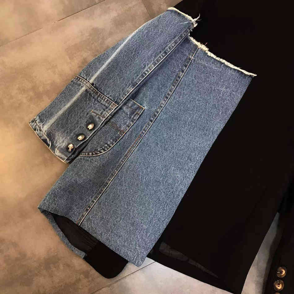 Free Women Vintage Fashion Blazer Denim Patchwork Jackets Irregular Coat Long Sleeve Loose Korean Outerwear 210524