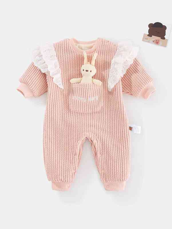 Peninsula Baby Letter Embroidery Eyelet Embroidered Ruffle Trim Thermal Jumpsuit With Doll SHE
