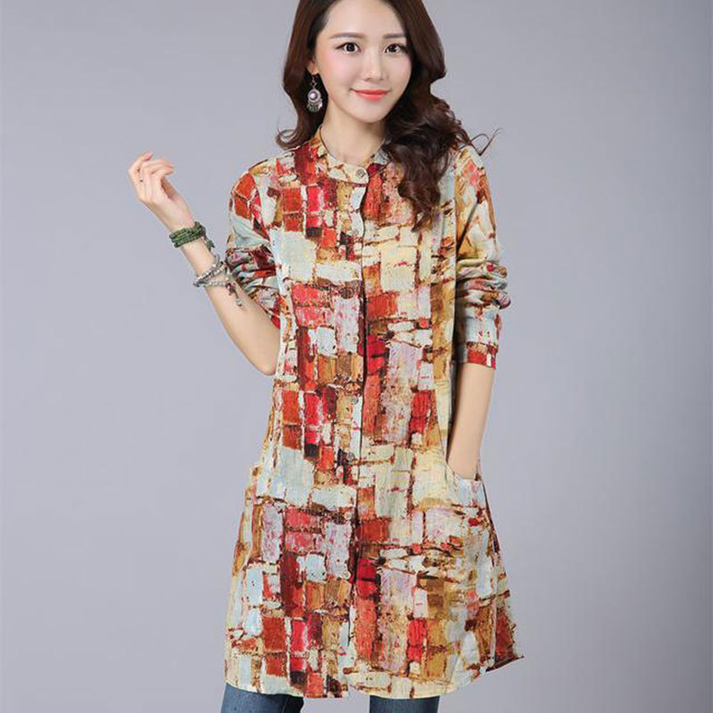 Spring Autumn Women Loose Casual Shirt Plus Size Vintage Print Cotton Linen Long Tops Ladies Stand Collar Blouses D146 210512