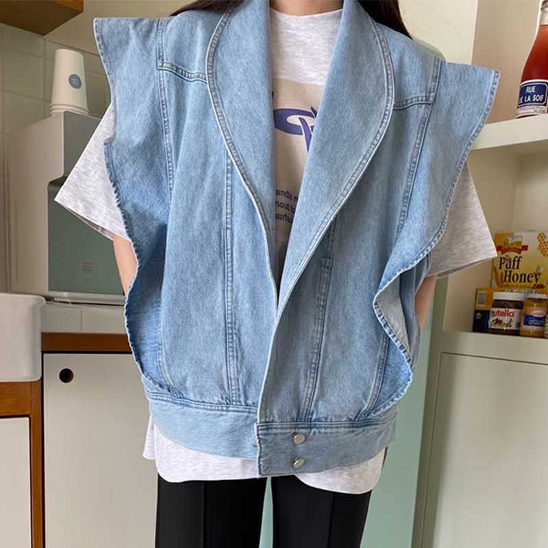[EWQ] Korea Chic Summer Casual Lapel Ruffled Loose Blue Sleeveless Vest Jacket Women Trendy Ladies Clothing 16E 210819