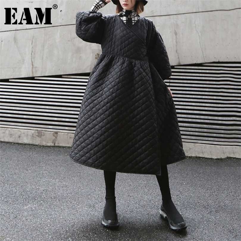 [EAM] Bandage Warm Irregular Cotton-padded Coat Long Sleeve Loose Fit Women Parkas Fashion Autumn Winter 1DD0731 211011