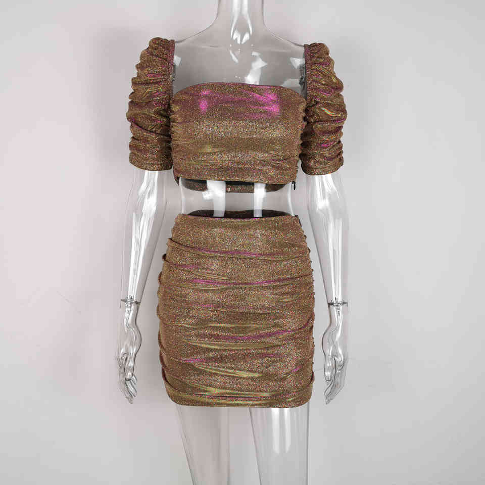 Summer Women Sexy Sequins Club 2 Two Pieces Sets Short Puff SleeveTops&Mini Skirt Celebrity Runway Party Set 210423