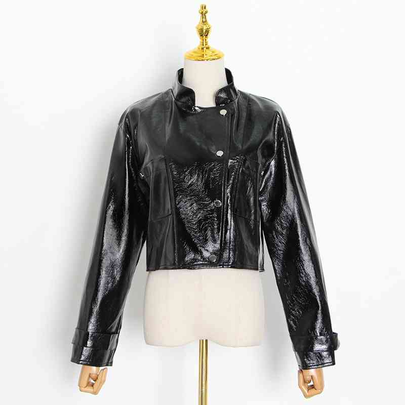 VGH Casual Moto Jacket For Women Stand Collar Long Sleeve Solid Minimalist Short Tops Female Autumn Fashion New Clothing 210421