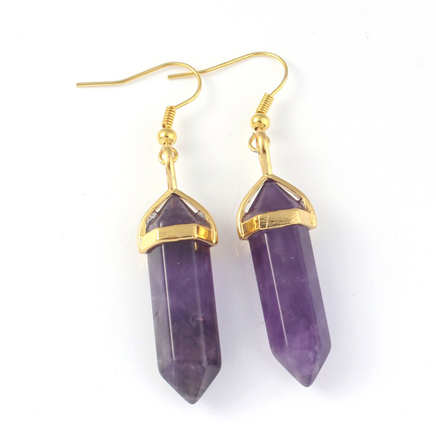 Hexagonal prism Bullet Earrings Natural Amethysts Opal Turquoises Quartz Dangle Earrings Healing Reiki Stone Pendulum Earrings Women