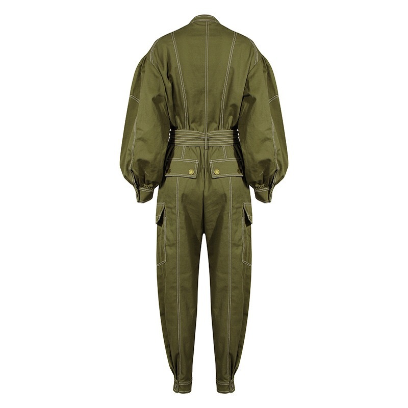 CHIC Autumn Army green Safari Women Jumpsuits Tie Bow Waist Long Lantern Sleeve Bodysuits Pants Romper Playsuits 210429