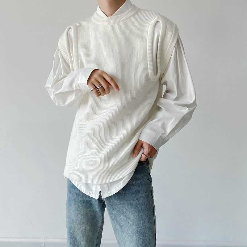 IEFB Korean Fashion Versatile Knitted Vest Sleeveless Double Cuff Kintwear Tops White Causal Chic Clothing Male 9Y8281 210818