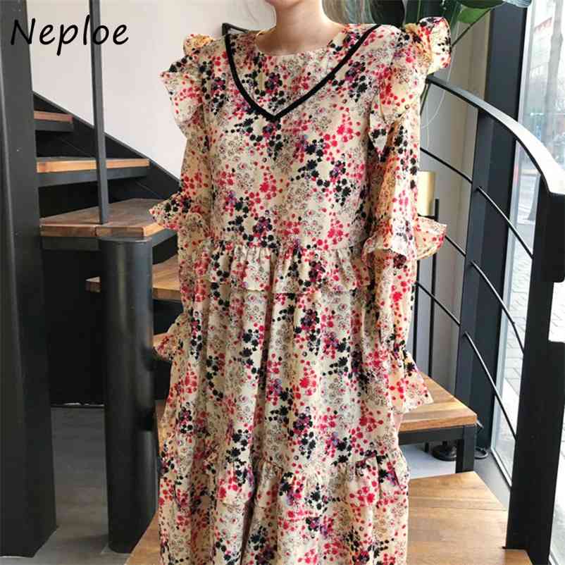 O Neck Flare Long Sleeve Loose Dress Women High Waist Hip A Line Vestidos Vintage Print Spring Robe 210422