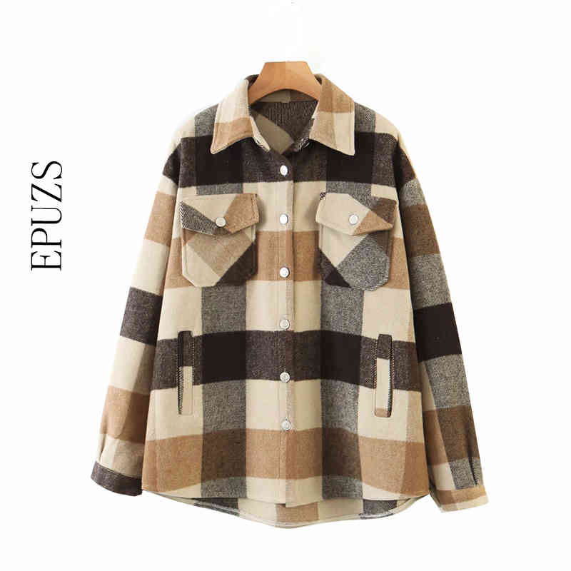 Fashion green Plaid jacket women winter coat Long Sleeve coats and s Oversized 210521