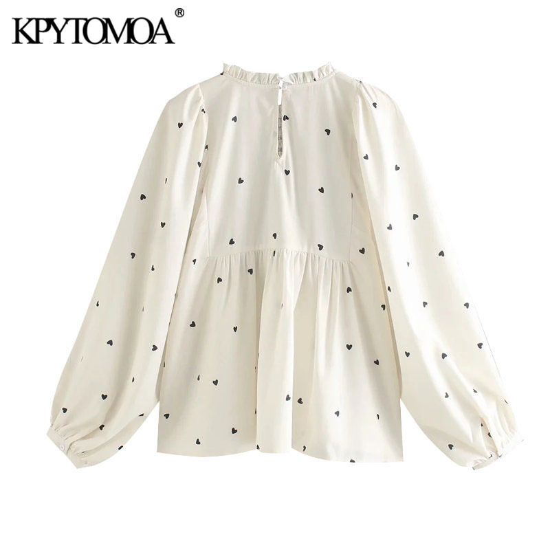 Women Sweet Fashion Hearts Print Smocked Elastic Blouses Lantern Sleeve O Neck Female Shirts Chic Tops 210420