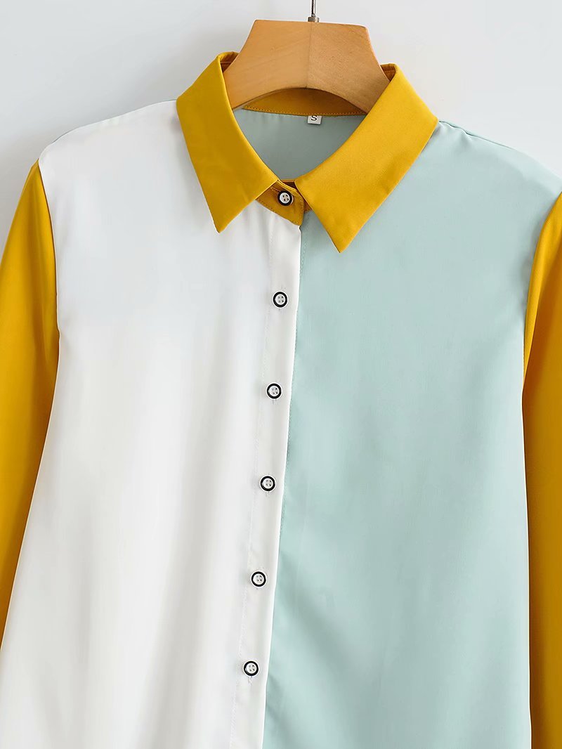 Vintage Lapel Long-sleeved Women Shirt Fashion Contrast Stitching Single Breasted Loose Casual Chic Female Shirts 210507