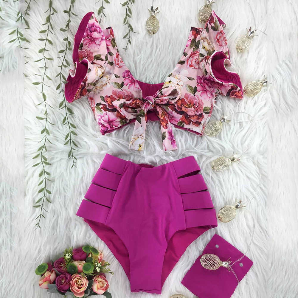 Two-Pieces Women Floral Push-Up Padded Bra Ruffles Bandage Bikini Set Swimsuit Swimwear Bathing Suit Beachwear Biquini 210625