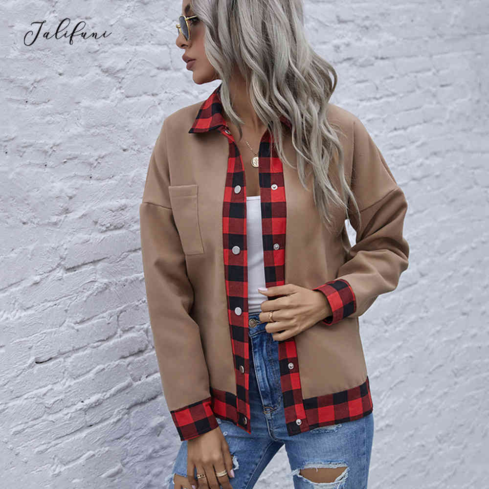Jacket Black Casual Ladies Plaid Checkered Patchwork Buttons Autumn Winter Clothes Coat Women Outerwear New Fall Fashion 210415