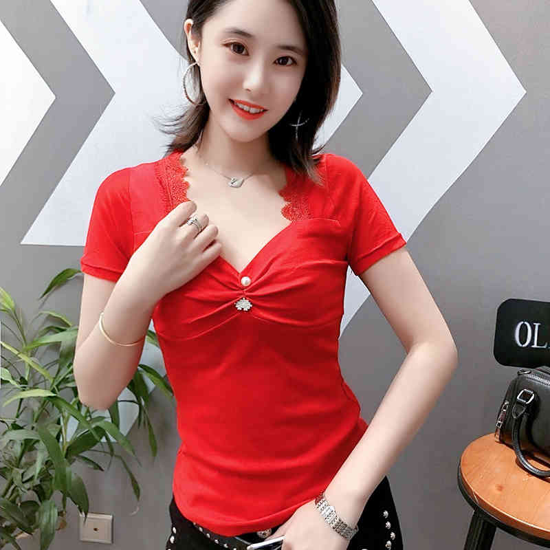 Fashion Tops Summer Solid Cotton Casual Women T-shirt Sexy V-neck U-Back Hollow Out Slim Fit Short-sleeve Tees 8657 50 210427