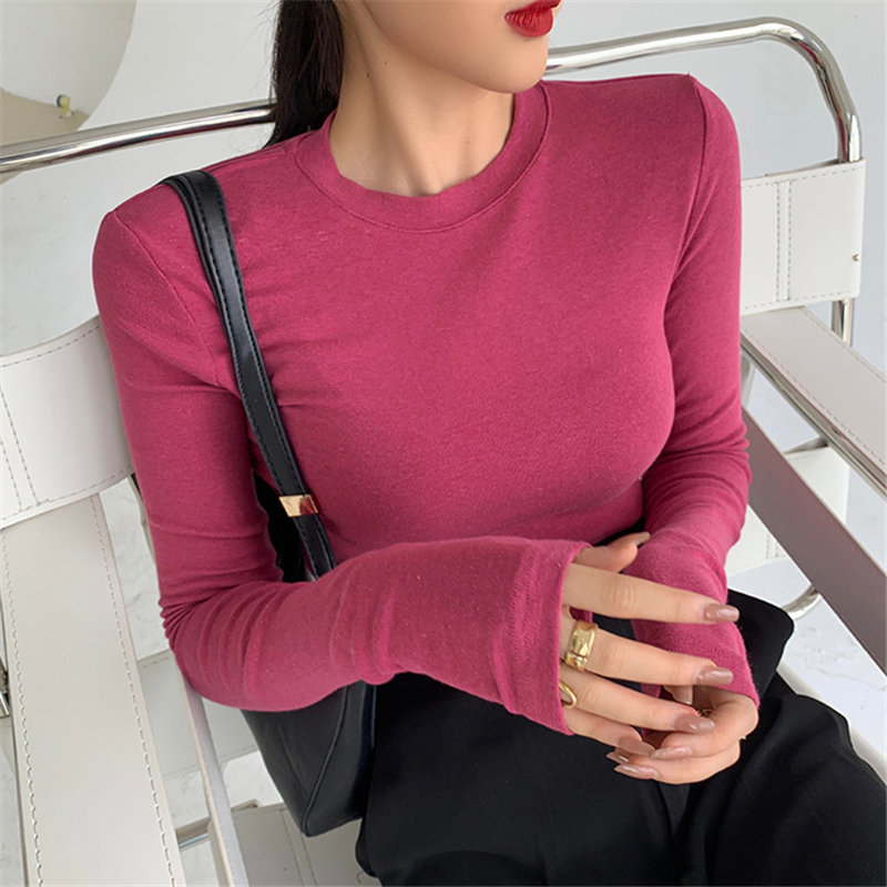 Female Cotton All Match Solid Basic Women Autumn Brief Warm Tops Minimalist Slim Full Sleeves Plus Size T-Shirts 210421