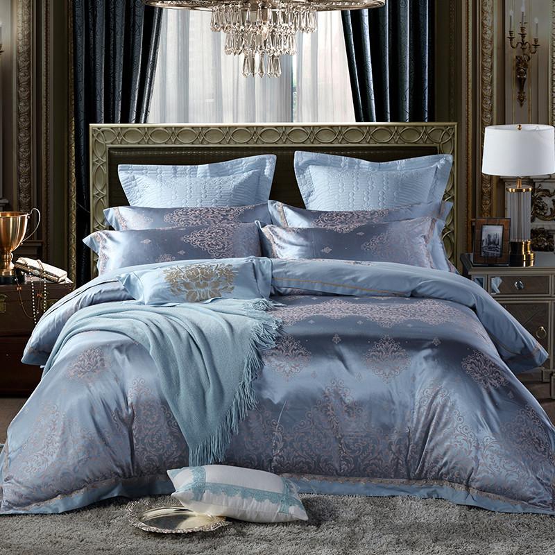 4Pcs Luxury Silver Satin Jacquard Cotton Bedspread Bedding Set Queen King Size Bed Cover Duvet Parure De Lit Sets