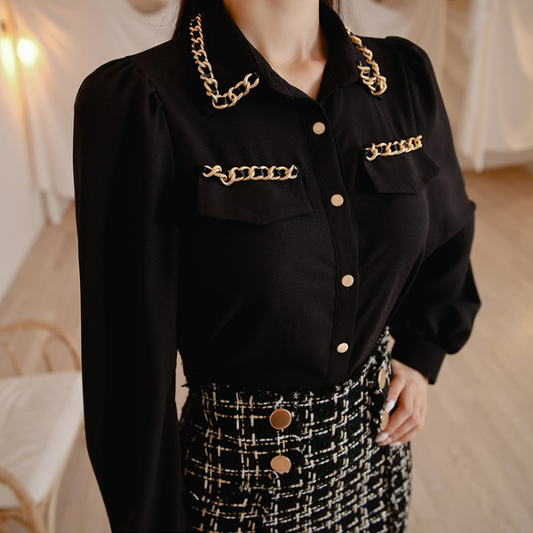 Ladies Fashion Tweed 2 Piece Set Women Autumn Turn Down Collar Black Chiffon Shirt And High Waist Mini Skirt Suit 210519