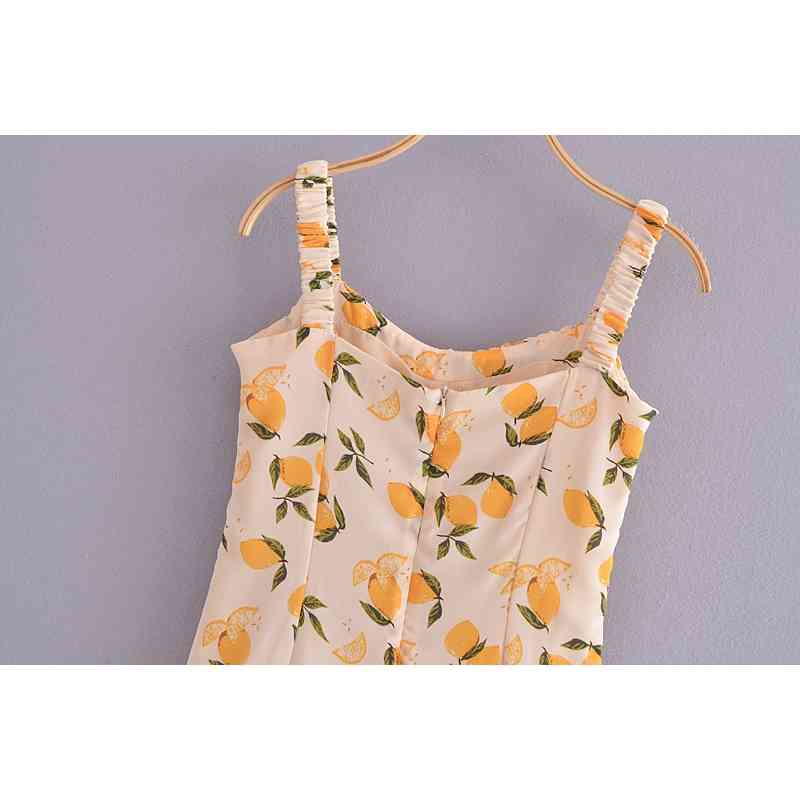 Summer French Chic Dress Short Spaghetti Strap Holiday Style Lemon Print Zipper Vestido Female 210514