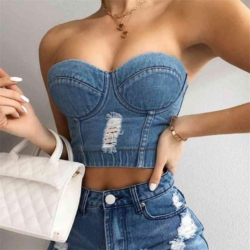 Summer Fashion Casual Blue Patchwork Sleevelrss Slim Sexy Hole Sling Denim Top Women SB723 210525
Summer Fashion Casual Blue Patchwork Sleevelrss Slim Sexy Hole Sling Denim Top Women SB723 210525
