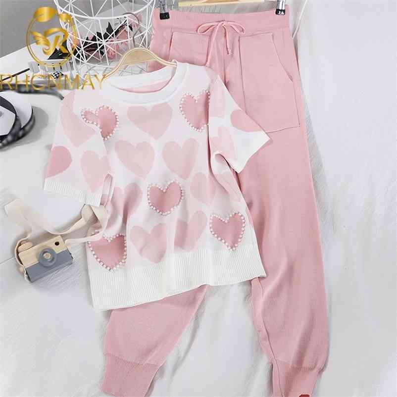 2 Piece Sets Womens Knit Outfits Love Heart Short Sleeve O-neck Tops+ Lace Up Waist Ankle Harem Pants Two Set 210520, Short sleeve pink
2 Piece Sets Womens Knit Outfits Love Heart Short Sleeve O-neck Tops+ Lace Up Waist Ankle Harem Pants Two Set 210520, Short sleeve pink