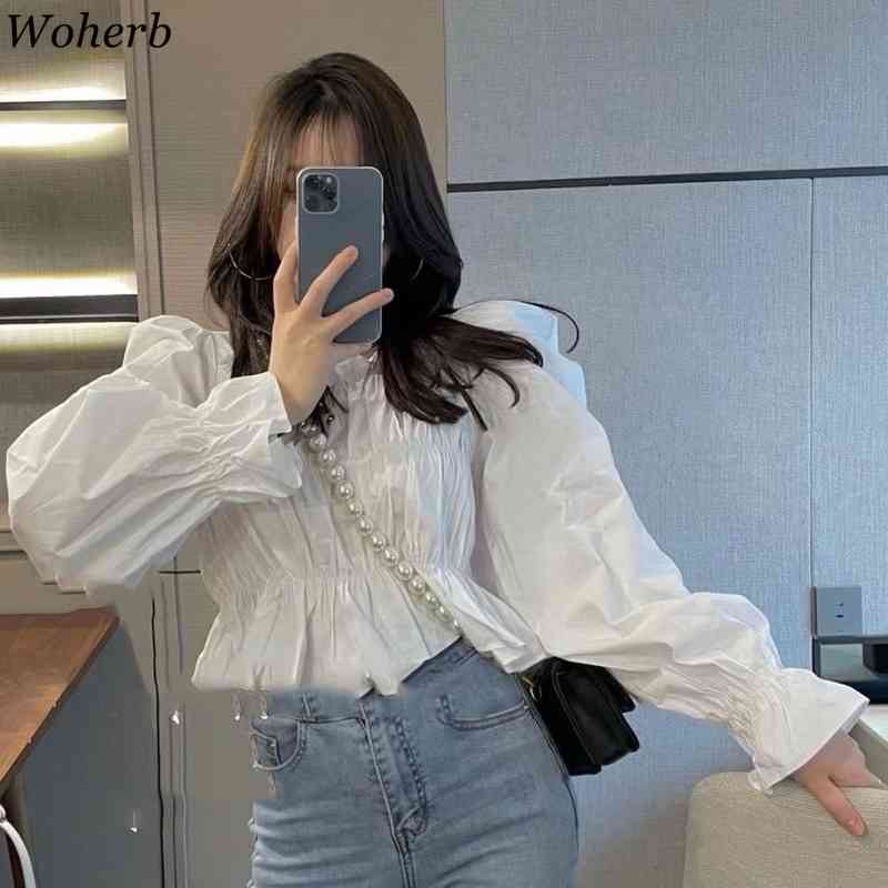 Korean Long Puff Sleeve Slim Crop Top Blouses Women Ruffles Pleated Vintage Blusas Mujer Summer Chic Shirt 210519
