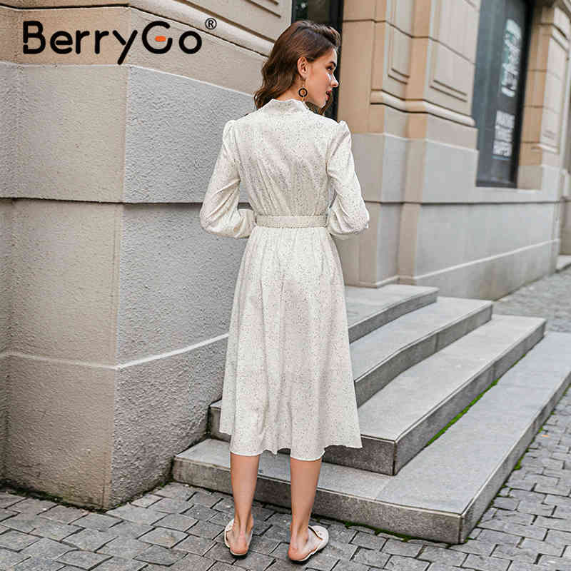 BerryGo Polka dot black elegant dress women Lantern sleeve tie neck long dresses spring A-line office ladies party dress vestido 210409