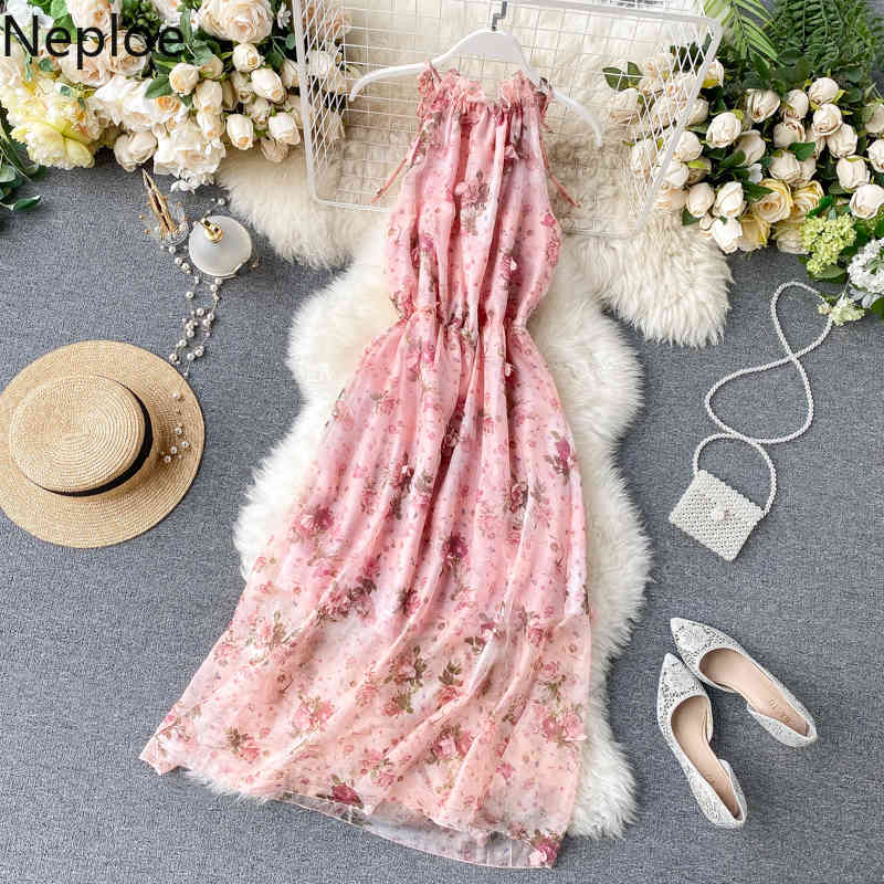 Korean Chic High Waist Hip Holiday Beach A Line Dress O Neck Sleeveless Flower Print Halter Vestido Bohemian Ropa 49447 210422