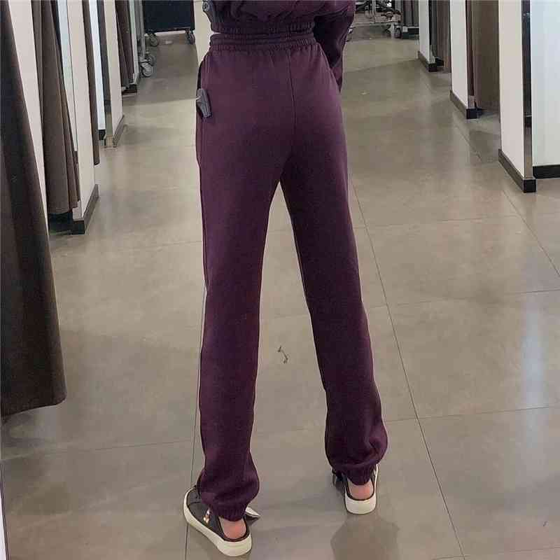Causal Women Purple Straight Trousers Fashion Ladies Elastic High Waist Pants Streetwear Female Chic Sport 210430