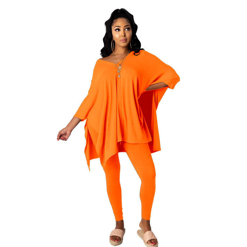 Designers Women Clothes pants 2023 autumn and winter solid color slotted V-neck bat sleeve two piece set